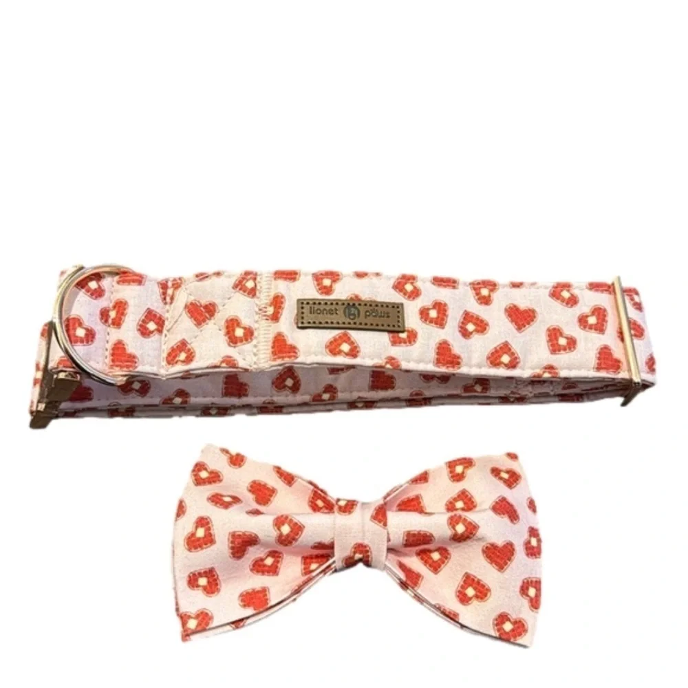 Lionet Paws Pink and Red Heart Dog Collar and Bowtie NWT
